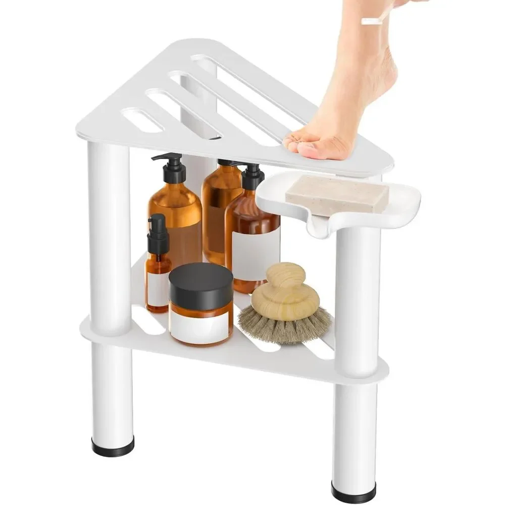 White Metal Corner Shower Foot Stool with Shelf & Soap Box